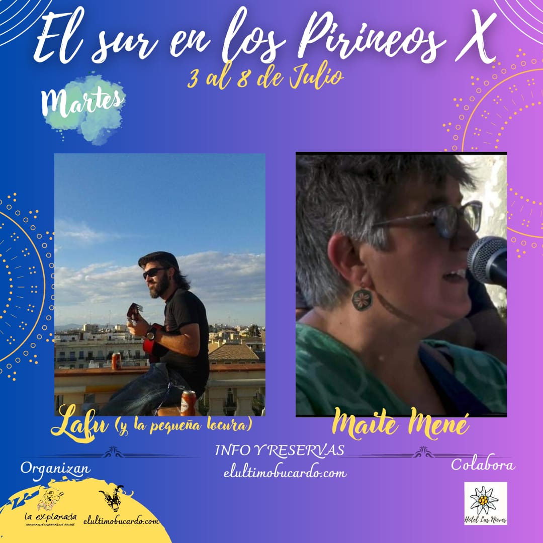 Seguimos desvelando cartel de X Sur en los Pirineos 😊 El martes 4 tendremos a <a href="/MeneMaite/">Maite Mené</a> , la única cantautora maña que canta en euskera 😍🥰 Y también tendremos la poesía y la música de <a href="/LafuDanger/">Lafu Danger</a> y la pequeña locura. Noche de emoción y baile a partes iguales! #Xsurenlospiri