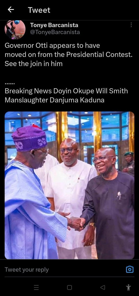 Tutsy22's tweet photo. In Theo's voice: Just look at the way this PDP governor is laughing with PBAT. 
These people really worked for APC in the last Presidential Election. 

In Tonye'voice: Governor Adeleke appears to have move on from the Presidential contest. See the join (joy) in him... 

Shebi we all want to be mad ni!!!