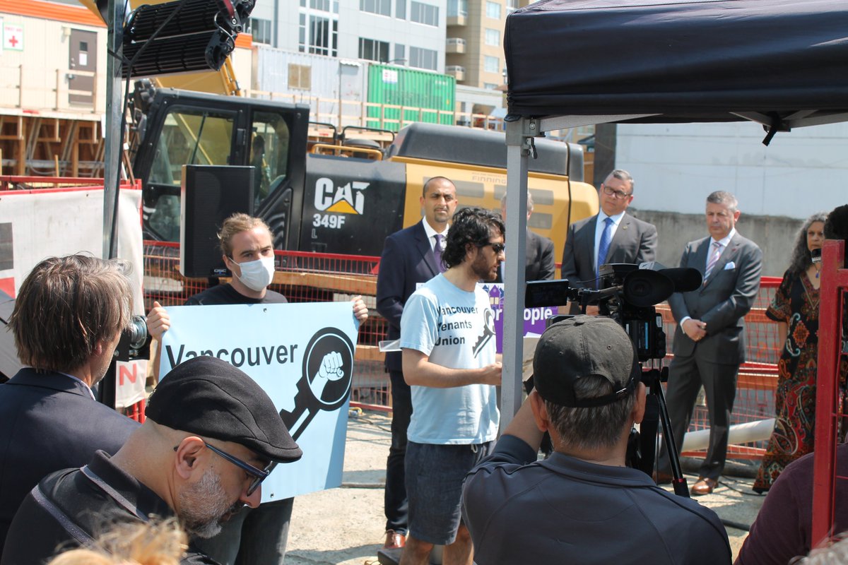 YVRTenantsUnion's tweet photo. This morning, VTU members disrupted the housing minister’s press conference in Fairview to talk about the provincial government's plans to force through more luxury housing construction which is driving low income renters out of Vancouver, and their refusal to protect us #bcpoli https://t.co/R7992JbQwJ