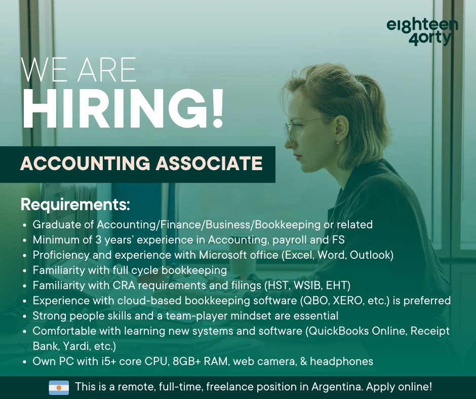 1840andCompany's tweet image. We are presently looking for an experienced Accounting Associate based in Argentina. 

Learn more and apply here 👉 bit.ly/43JZBWK 

#AccountingAssociate #remotework #freelancer #Accounting #Argentina
