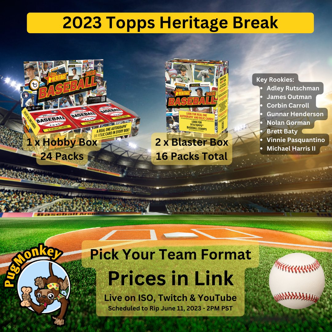 2023 Topps Heritage 3 Box Mixer - Pick Your Team Break
Rips 06/11 @ 2pm PST, on @isocommerce

Link --> bit.ly/43tfWiX

#baseballcards #baseball #mlb #whodoyoucollect #thehobby #groupbreak #boxbreak #tradingcards #topps #thehobbyfamily