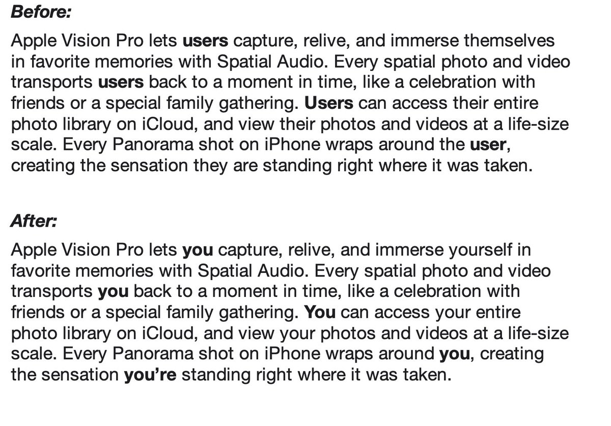 Pogue's tweet photo. Dear @Apple: Your press release for the Apple Vision Pro uses the term “user” 104 times. Why would you choose such a distancing, dead, disrespectful term for the people who use your products? Only two industries refer to their customers as “users.” 

Here’s my suggested edit. https://t.co/XCHVN11mMO
