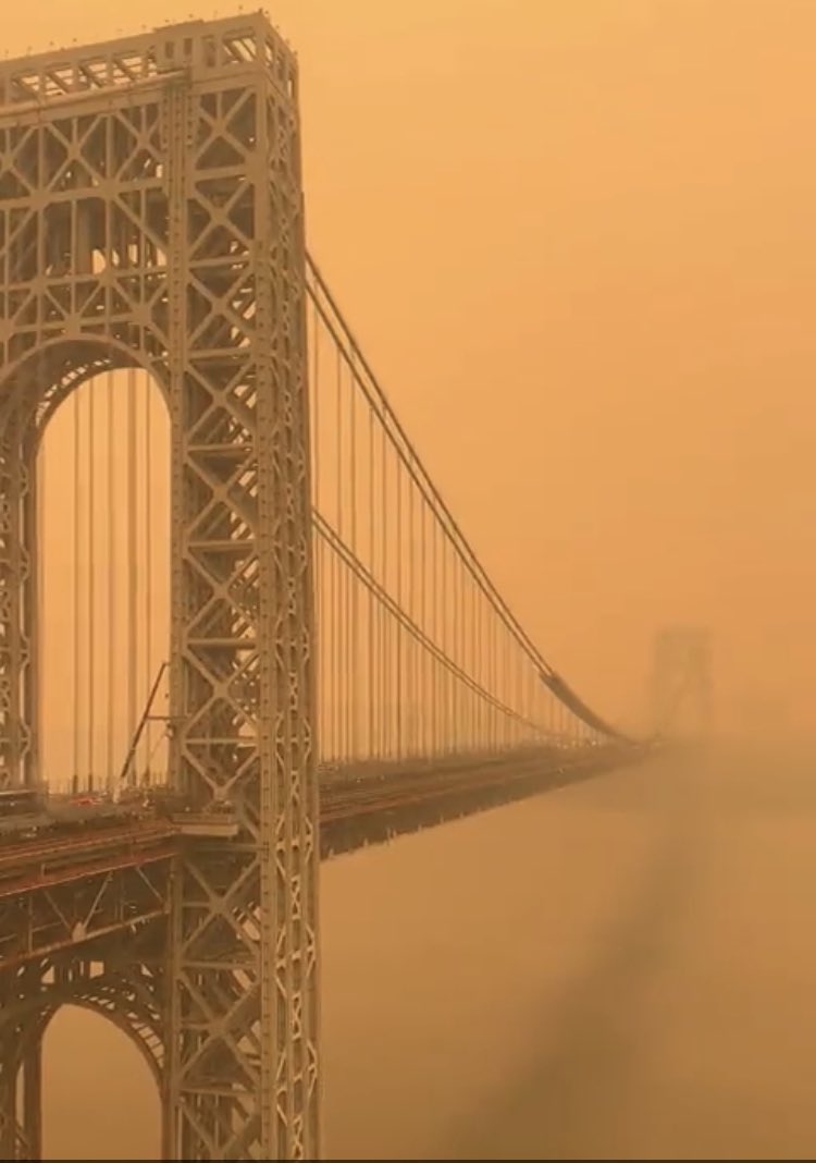 In NYC the GWB in sepia…or is it real life? Its real life as the air quality index surpassed an historic level of 200 ppm on Wednesday June 7, almost blotting out the second tower of the bridge. Photo credit and screenshot from: @BNONews video.
