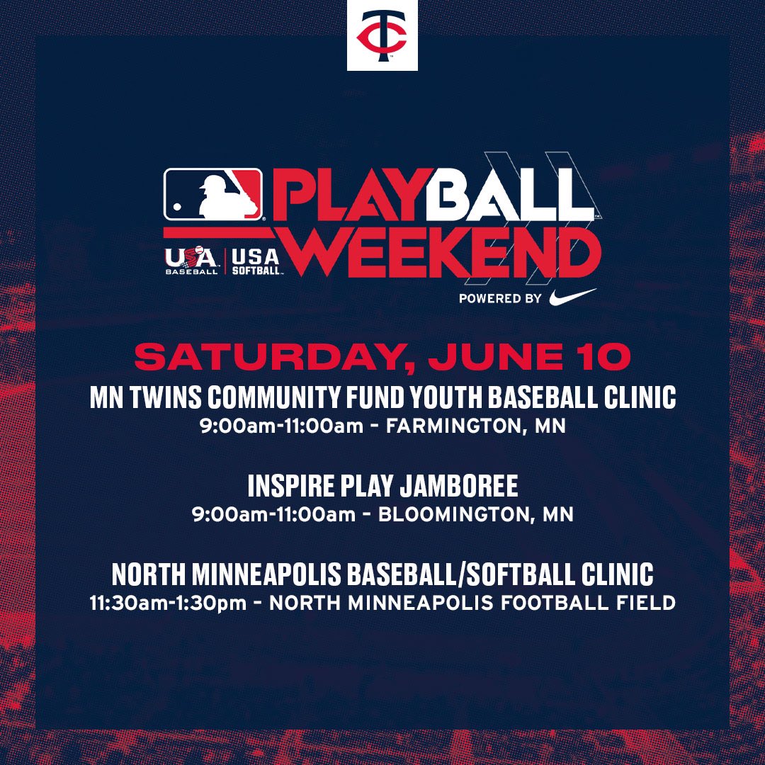 We’re excited to partner with the <a href="/Twins/">Minnesota Twins</a> for a play ball weekend! Come see us at Neiman Sports Complex this Saturday June 10th from 9am to 11am for all your favorite recess games, TC Bear, Mudonna, and a whole lot of wiffle ball!

playballmn.leagueapps.com/events/3878016…