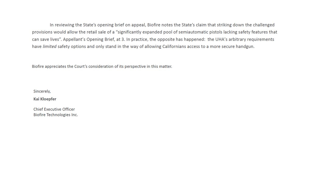 Biofire filed an amicus letter in Boland v. Bonta to inform the court of the chilling effect that the Unsafe Handgun Act has on innovation in firearm safety technology. We believe that firearm safety technologies work best when they are chosen by gun owners, not mandated by laws.