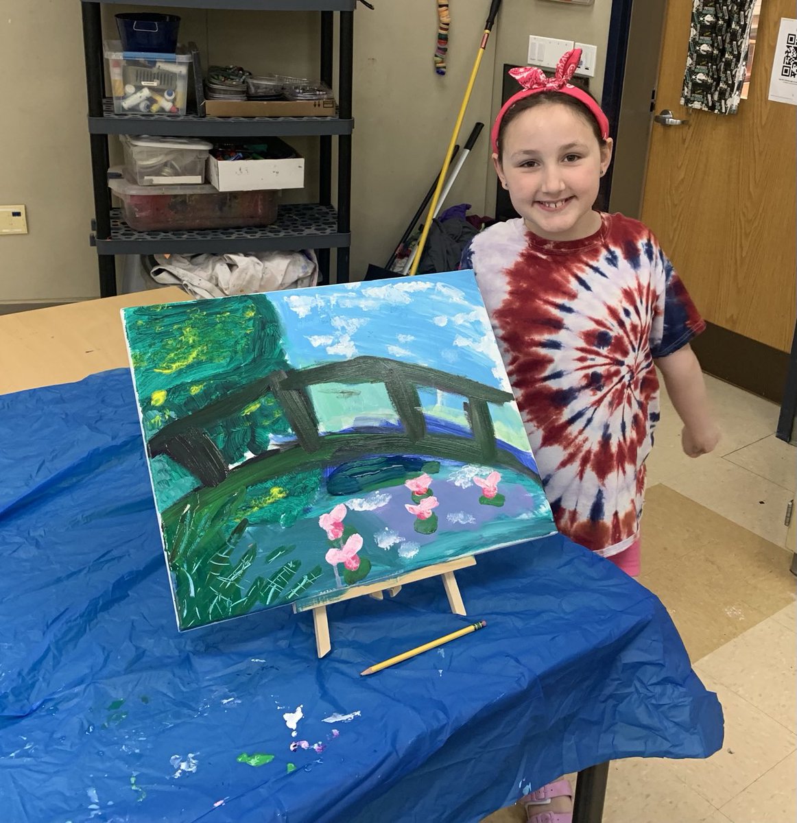 SCEArtRm's tweet photo. Beach bash winner success! Paint with a friend and the art teacher! Their Monet’s bridge turned out lovely. Go to the Indianapolis Museum of art and see the Monet experience. #Newfields #sceartists https://t.co/dt7y7EIMrg