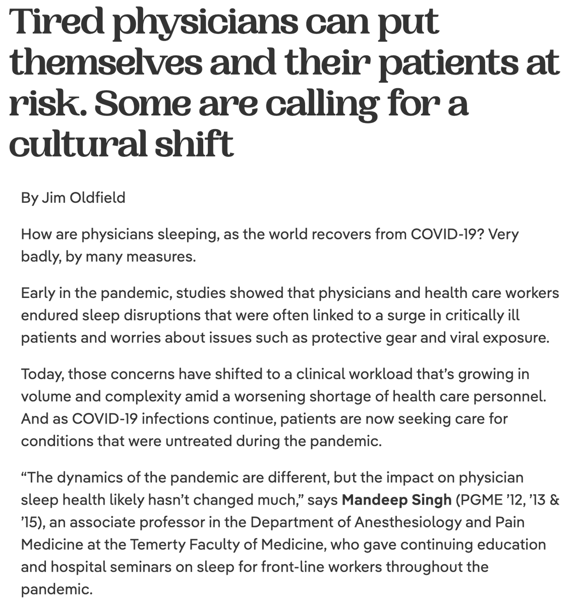 SleAPprogram's tweet photo. Wake-Up Call | @UofT Magazine #Sleep Edition | https://t.co/OqVxUBizQB
Jim Oldfield interviews @MndpSingh7 #SleAPProgram Sleep health concerns for healthcare workers 

"The urge to keep pushing your body is ingrained in the culture"

#sleeppeeps #sleeptwitter @UofTAnesthesia https://t.co/B3xwa6HvM9
