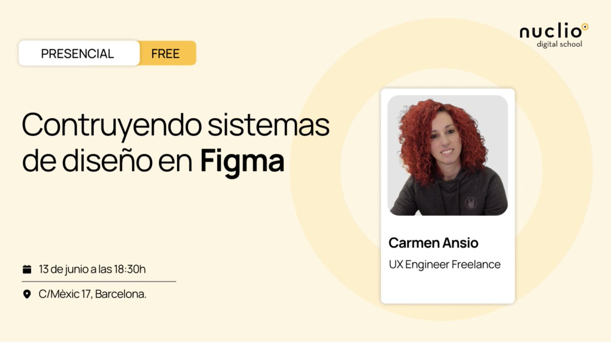 carmenansio's tweet photo. 🚀 Impartiré un taller PRESENCIAL y GRATIS en @nuclioschool sobre construir Design Systems en @figma

💻 Trae tu portátil para seguir el taller
🍺 Después del taller habrá afterwork

📅 13 de junio a las 18.30h
🗺️ C/ Mèxic 17, Barcelona

Apúntate 👇
https://t.co/cThLqq5I6I https://t.co/37LkqSyTYn
