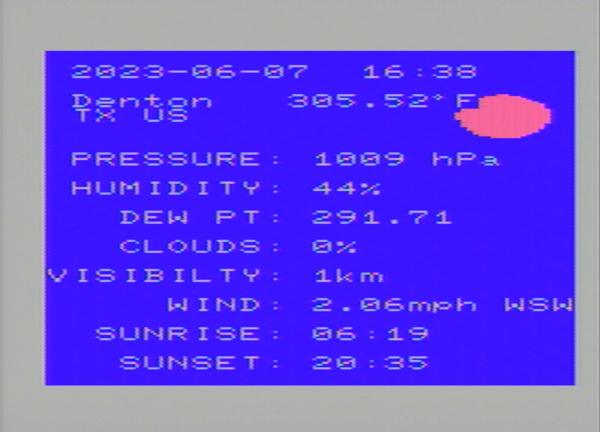 #vic20 #FujiNet weather client: um, OpenWeather API is glitching on imperial measurement... I mean, I know Texas is hot, but... :) #retrocomputing