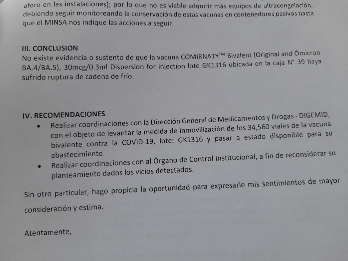#URGENTE
Digemid ha inmovilizado casi 35mil vacunas (345 mil dosis) bivalentes al percatarse que Cenares almacenó dicho fármaco a -10 grados cuando debió ser a -70 grados. Pfizer ha pedido a la gestión de la ministra Rosa Gutiérrez que las vacunas sean desechadas. <a href="/lamula/">La Mula</a>.