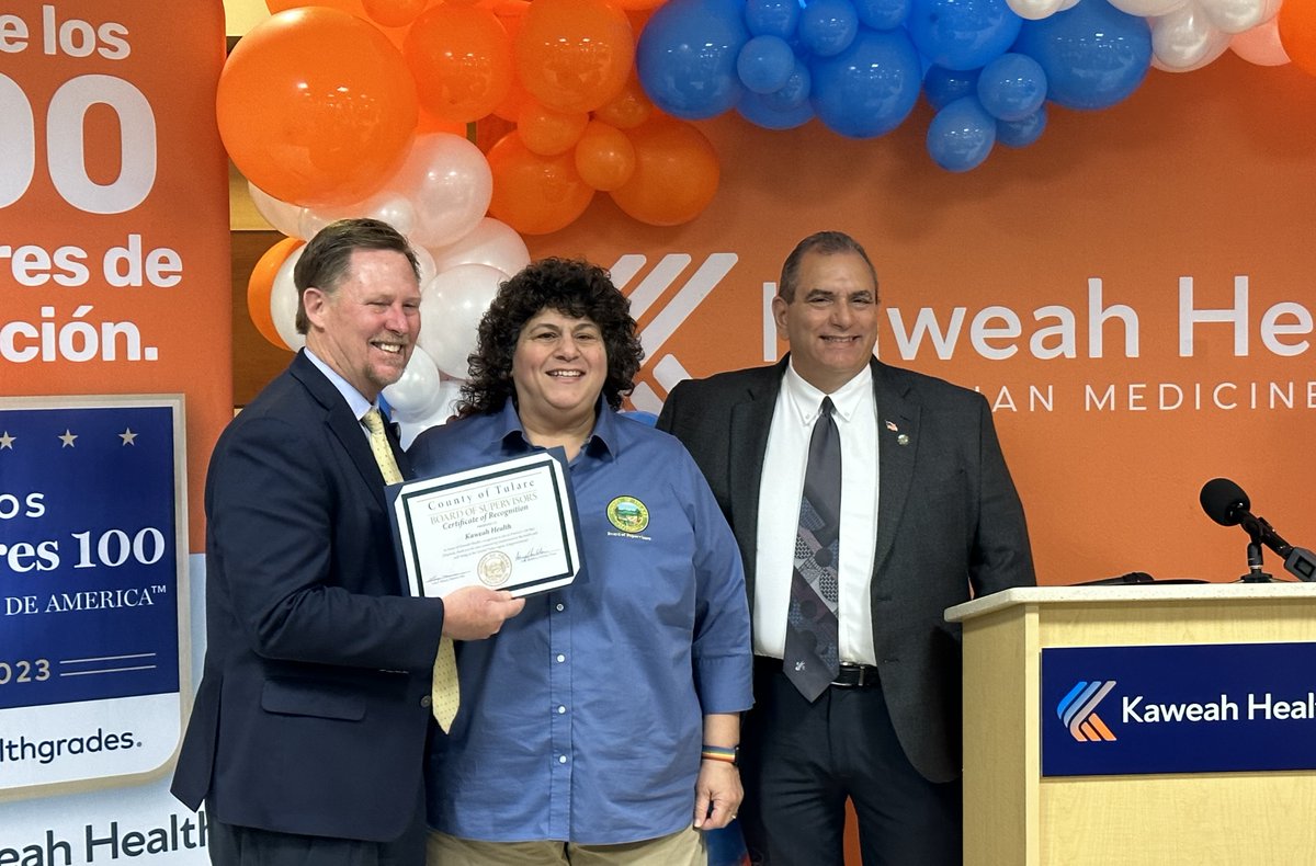 Yesterday, Kaweah Health celebrated its recognition as one of America's 100 Best Hospitals™ for 2023, as named by Healthgrades®. Supervisors Micari & Shuklian presented a certificate for @kaweahhealth's commitment to the #health & well-being of the Central Valley. #TulareCounty