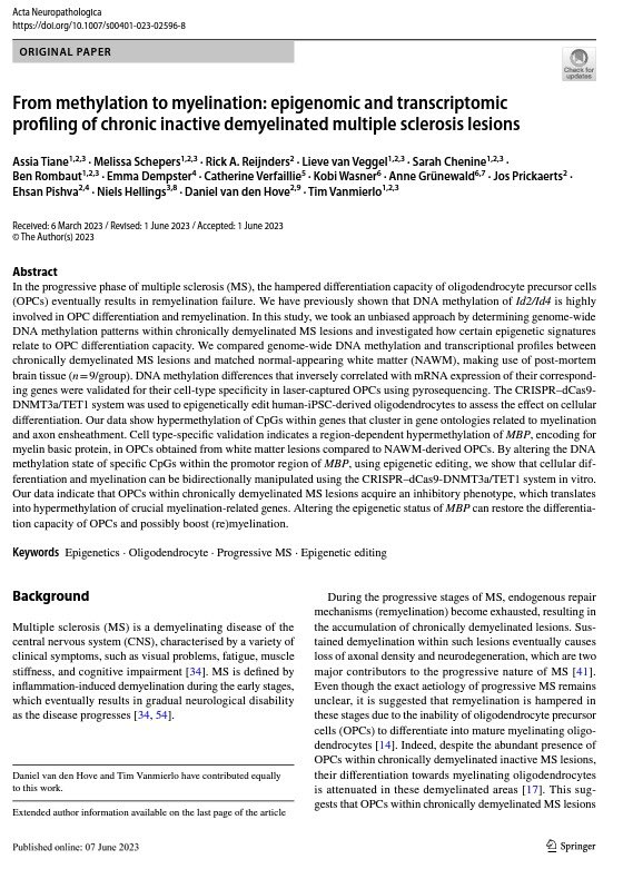 RICE group 🧠🧬🔬 (@rice_science) on Twitter photo In our team, we have PhD defenses followed by paper publications!🥳
Check out our most recent paper in Acta Neuropathologica about the epigenomic and transcriptomic profile of MS lesions.
Congrats to everyone involved! 👏🏼👏🏼
<a href="/TianeAssia/">Assia Tiane</a>
<a href="/BIOMED_UHasselt/">BIOMED_UHasselt</a> <a href="/MaastrichtU/">Maastricht University</a> In our team, we have PhD defenses followed by paper publications!🥳
Check out our most recent paper in Acta Neuropathologica about the epigenomic and transcriptomic profile of MS lesions.
Congrats to everyone involved! 👏🏼👏🏼
<a href="/TianeAssia/">Assia Tiane</a>
<a href="/BIOMED_UHasselt/">BIOMED_UHasselt</a> <a href="/MaastrichtU/">Maastricht University</a>