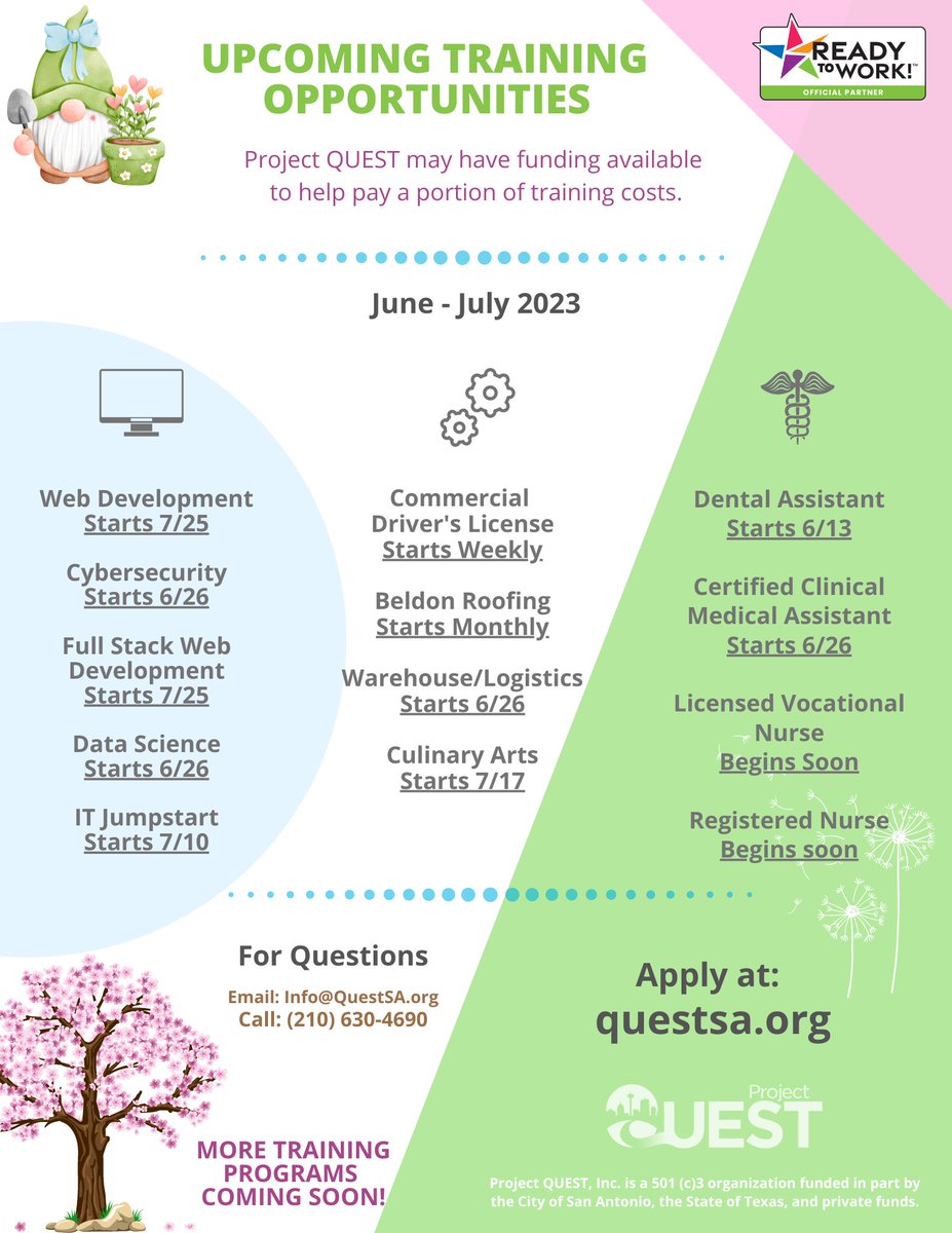 Project QUEST is offering upcoming training classes in healthcare, information technology and trades with opportunities for employment.
Watch our video to learn more at:
questsa.org

#healthcareconsulting  #Training  #careeropportunities  #InformationTechnology