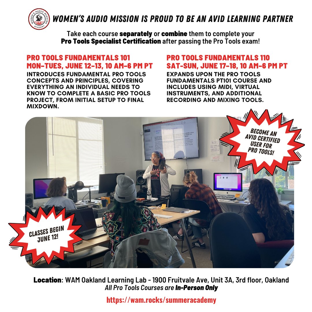 womensaudio's tweet image. Women’s Audio Mission is proud to be an #AvidLearningPartner offering Pro Tools classes!

Take each course #separately or #combine them to complete your Pro Tools Specialist #Certification after passing the exam. 

Classes begin June 12!
👉 REGISTER: wam.rocks/summeracademy