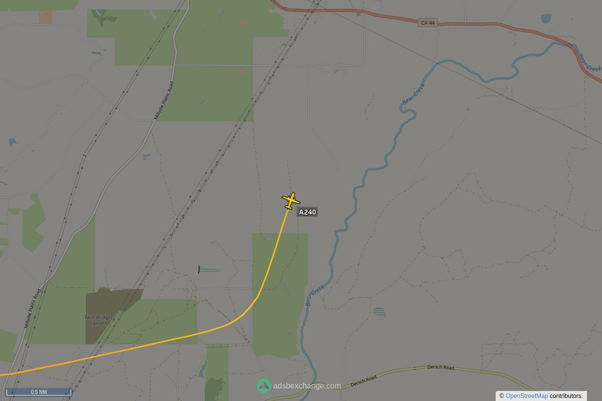 ffoverhead's tweet image. CalFire #N421DF callsign #A240 (V10) was seen near Shasta County, CA at approximately 22:02 UTC squawking 1255 globe.adsbexchange.com/?icao=a4ffa7&amp;amp;z… #CalFire