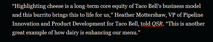 juliemuncy23's tweet photo. highlighting cheese is a long-term core equity of taco bell's business model https://t.co/o60ZmDMrUd