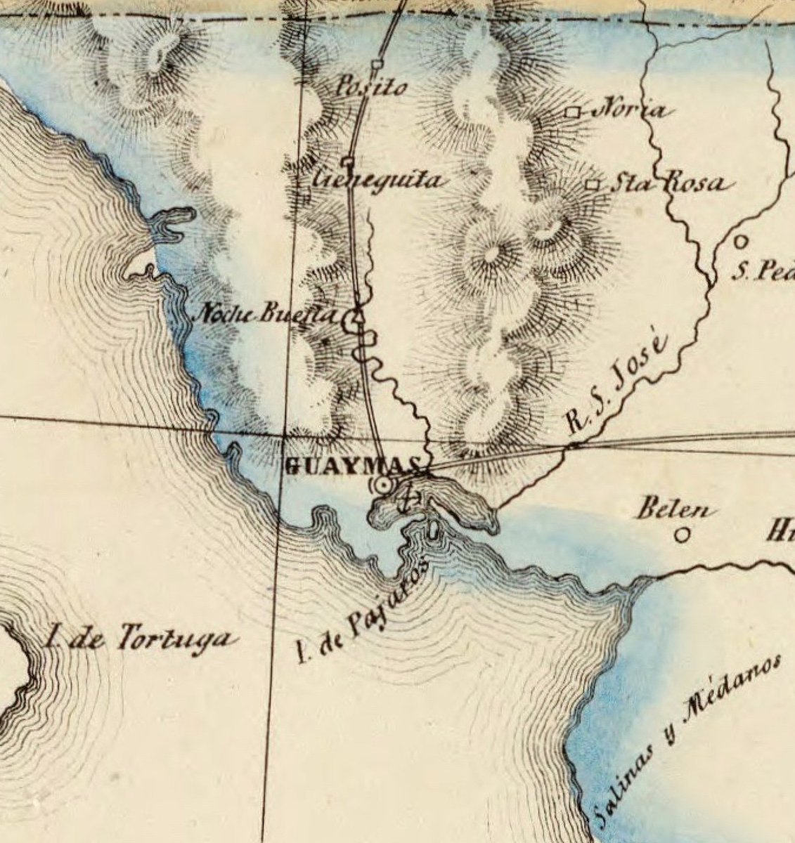 #Guaymas siempre había sido un puerto de importancia, aunque con escasa población. 

Vemos que la bahía de San Carlos y el famoso Tetakawi aún no aparecieron destacados en el mapa.   Empalme tampoco existía

#sonora 1857