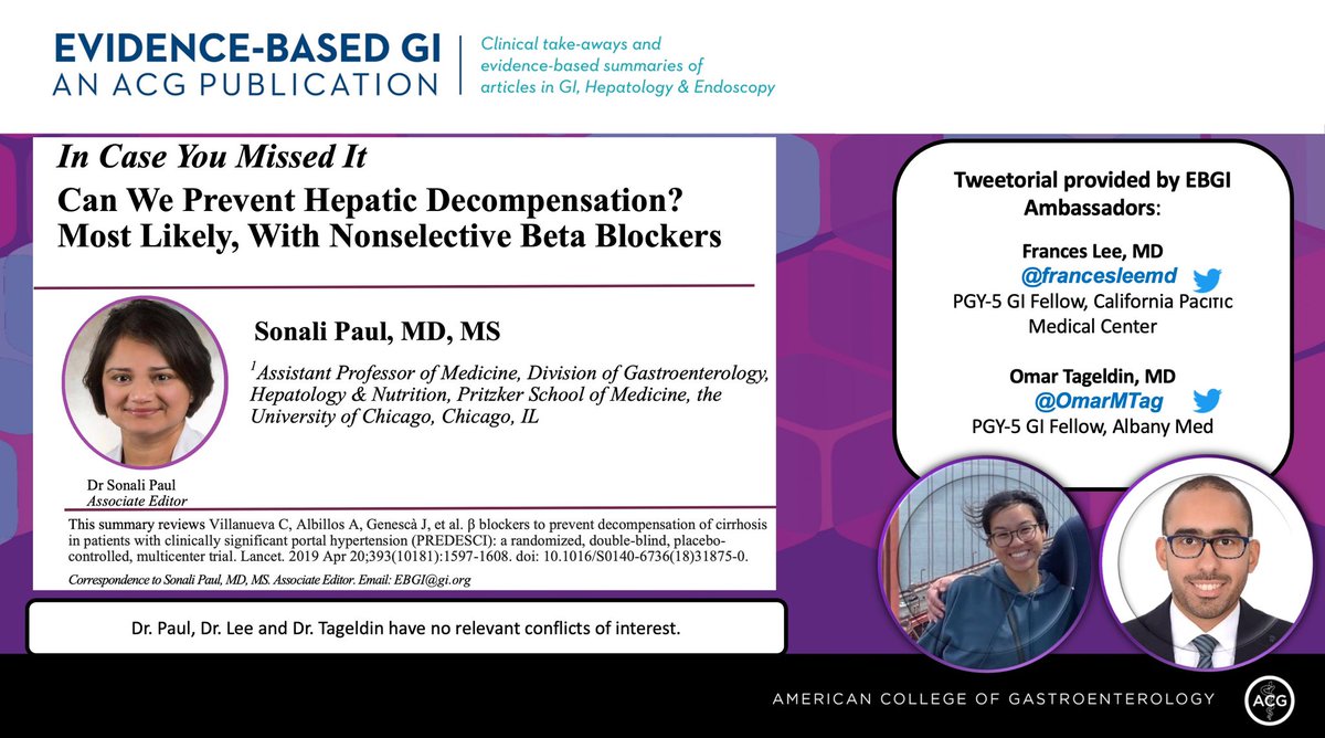 Evidence-Based GI: An ACG Publication (EBGI) (@acg_ebgi) on Twitter photo ⏰ for another #EBGI Tweetorial🧵w/ <a href="/francesleemd/">Frances Lee</a> & <a href="/OmarMTag/">Omar Tageldin (Tag), MD</a>!
“Can We Prevent Hepatic Decompensation? Most Likely, With Nonselective Beta Blockers”
📜Summary bit.ly/EBGI90 @spaulliver
🎧 bit.ly/EBGIaud <a href="/EBGIdoc/">Evidence-Based GI Doc</a>
📰 in <a href="/TheLancet/">The Lancet</a> bit.ly/Full51 ⏰ for another #EBGI Tweetorial🧵w/ <a href="/francesleemd/">Frances Lee</a> & <a href="/OmarMTag/">Omar Tageldin (Tag), MD</a>!
“Can We Prevent Hepatic Decompensation? Most Likely, With Nonselective Beta Blockers”
📜Summary bit.ly/EBGI90 @spaulliver
🎧 bit.ly/EBGIaud <a href="/EBGIdoc/">Evidence-Based GI Doc</a>
📰 in <a href="/TheLancet/">The Lancet</a> bit.ly/Full51
