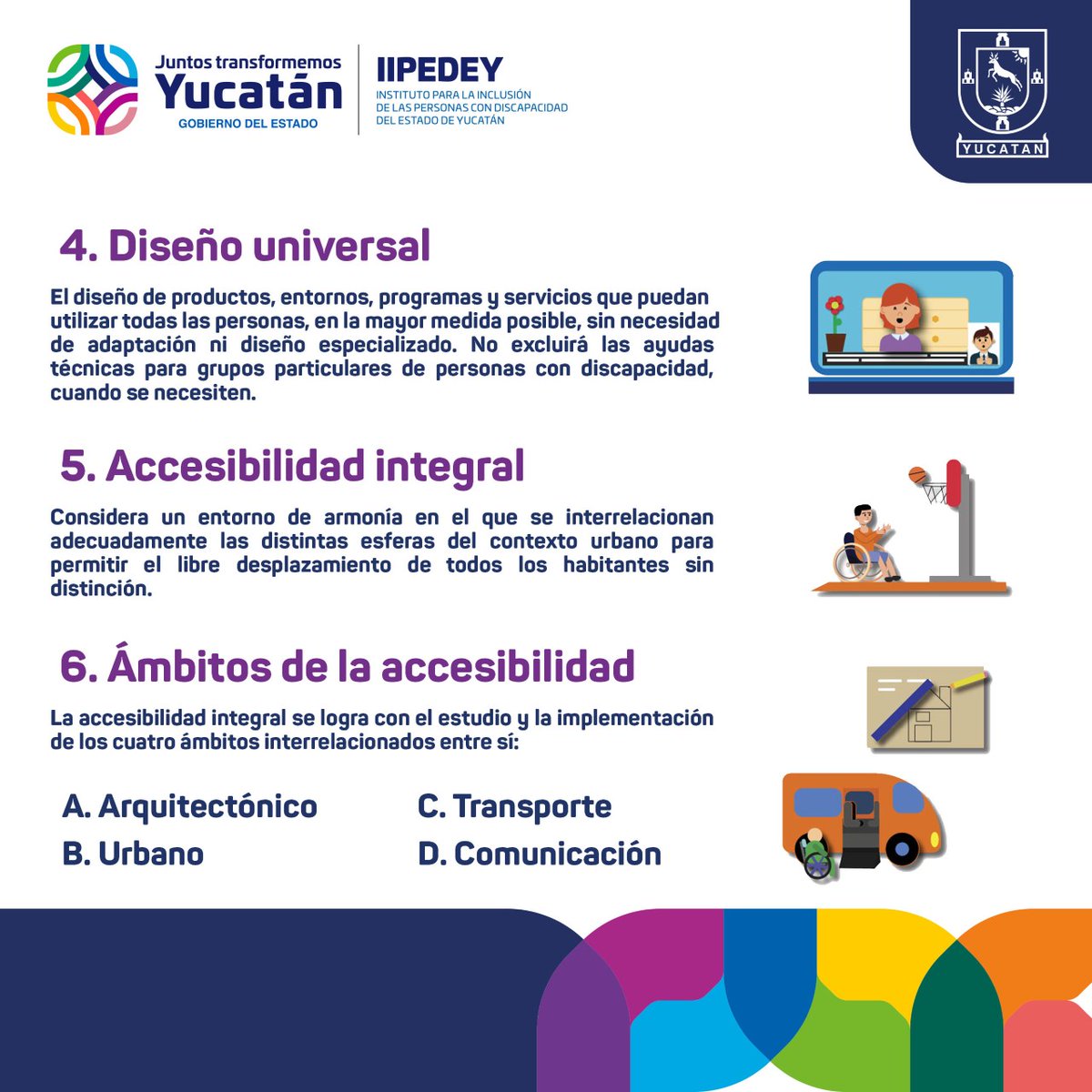 IIPEDEY's tweet photo. Las personas con discapacidad tienen el derecho a participar plenamente y en igualdad de condiciones en la sociedad.
Te compartimos algunos conceptos básicos sobre accesibilidad para que conozcas y pongas en práctica.
#IIPEDEY #InclusiónPcDYucatán https://t.co/SHYftd84bm