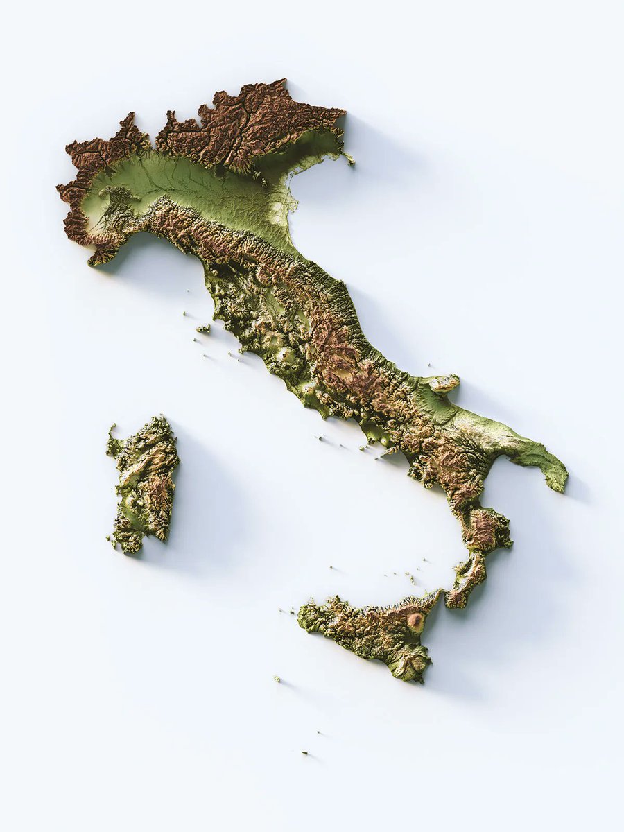 simongerman600's tweet photo. Just a lovely elevation map of Italy. Just in time for all of Europe travelling to Italy for their summer holidays. Source: https://t.co/VitrOWKvPs https://t.co/Tba6MtXFHo