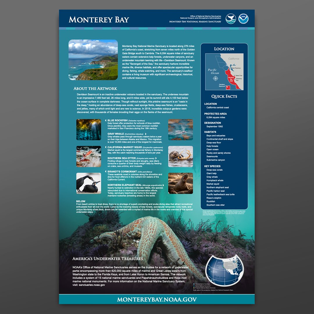 Just in time for #WorldOceanDay, we are unveiling the Monterey Bay National Marine Sanctuary commemorative poster! #SaveSpectacular

Take a look for yourself and download the @MBNMS poster today: sanctuaries.noaa.gov/posters/monter…