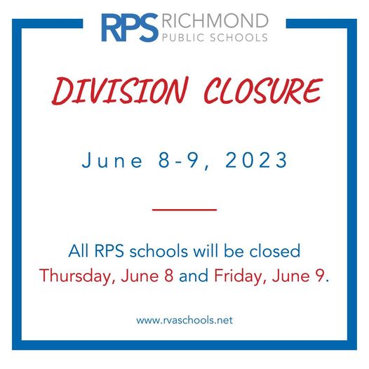 School Closure – In light of yesterday's tragedy, and out of an abundance of caution, RPS schools will be closed for students for our last day and a half (Thursday, June 8, and Friday, June 9).  TeeJay Graduation reschedule details to follow soon.
#WeAreRPS