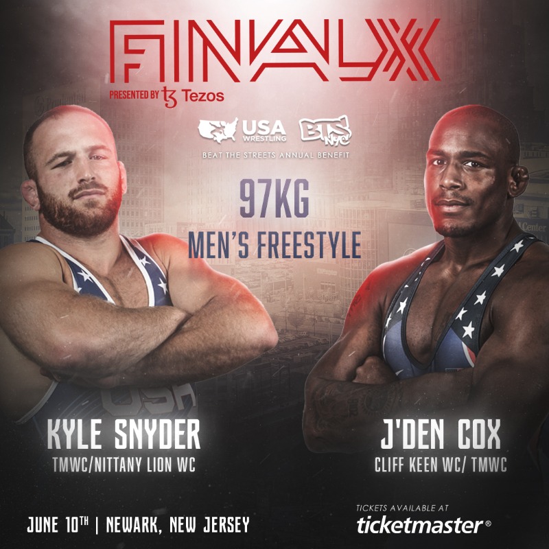USAWrestling's tweet photo. Olympic champion and 3x World champion Kyle Snyder takes on Olympic medalist and 2x World champion J'den Cox for the 97 kg men's freestyle spot at #FinalX | @BeattheStreets @FloWrestling

🗓️ June 10
🎟️ https://t.co/MooQxQF9Cl
📺 https://t.co/ehFYC08Ptw
📝 https://t.co/WgJZDQb8S3