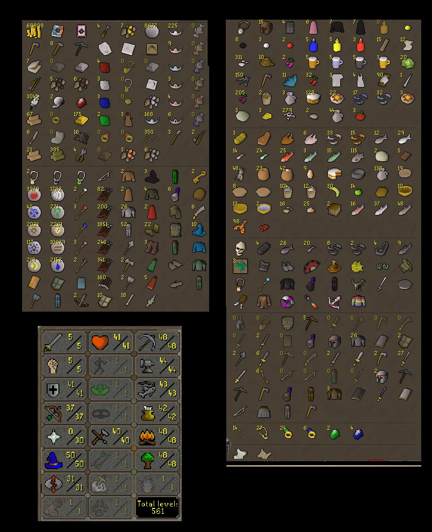 aforementioned f2p gim bank. 

I got a moderate hook up from me m8. 100k coin which i burned on runes and a law/nat stash to help me speed up with teles and mobile xp in low alch.  

thought i might go mems but still iffy on that level of commitment but 50 fm for wt?? 👀