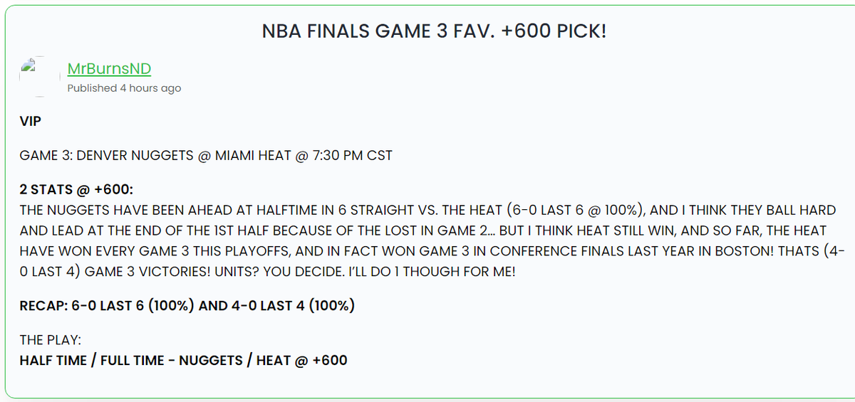 MR. BURNS, NUMBERS DON'T! VIP #FREEPLAY

💯 6-0 LAST 6 ➕ 4-0 LAST 4 🟰 +600 💯

👇 I GOT MORE 💰💰  FOR 🫵 YOU IN VIP! 
🆓 dubclub.win/r/MrBurnsND/

#GAMBLINGTWITTER #bettingtwitter #NBAFinals #MiamiHeat #DenverNuggets #statstwitter #BESTNEWCAPPER2023 #EZMONEY #NBA