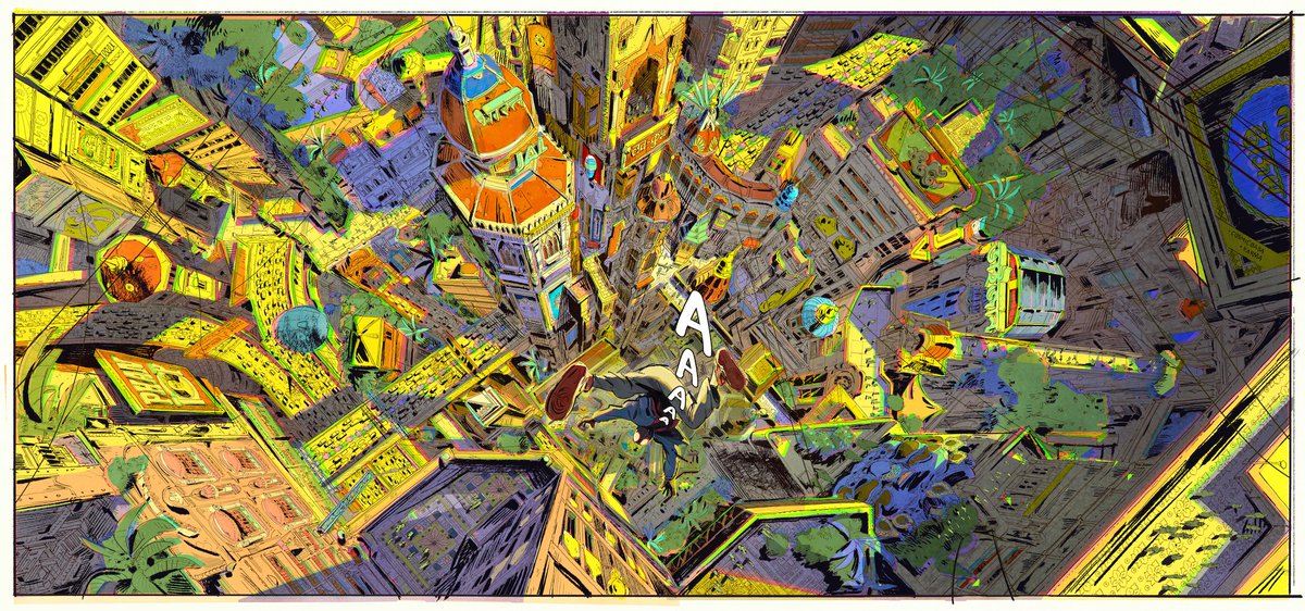 AYMRC's tweet image. Miles Morales falling into India. I didn't use any 3D to block my perspective just went straight into it. Inspiration was Indrajal Comics from the 1960s. It felt like we were honing in on the style of this world.  #AcrossTheSpiderVerse
