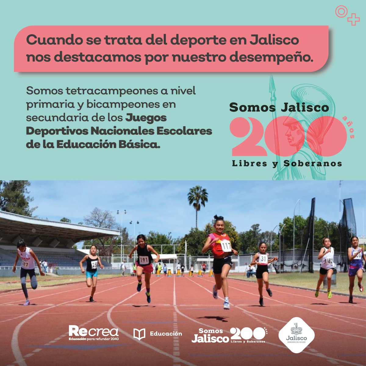 SecEducacionJal's tweet photo. De Jalisco son las y los campeones de México. 

Estamos orgullosos de impulsar a nuestra niñez para desarrollar sus talentos y los Juegos Deportivos Escolares de Educación Básica son una muestra.

Celebremos sus triunfos y 200 años de ser libres y soberanos. #SomosJalisco https://t.co/bt0p9vvDaP