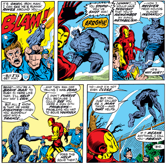 MarvelADay's tweet photo. #MarvelADay #AA14 I wish Englehart's solo Beast stories had lasted for 30-40 issues. He's got a great supporting cast: Iron Man, Patsy, Buzz, and a mystery woman. Throw in the evil corporation he works for and the occasional guest X-Man, and you've got a recipe for fun. - JRW https://t.co/JMiG0Aa5KA