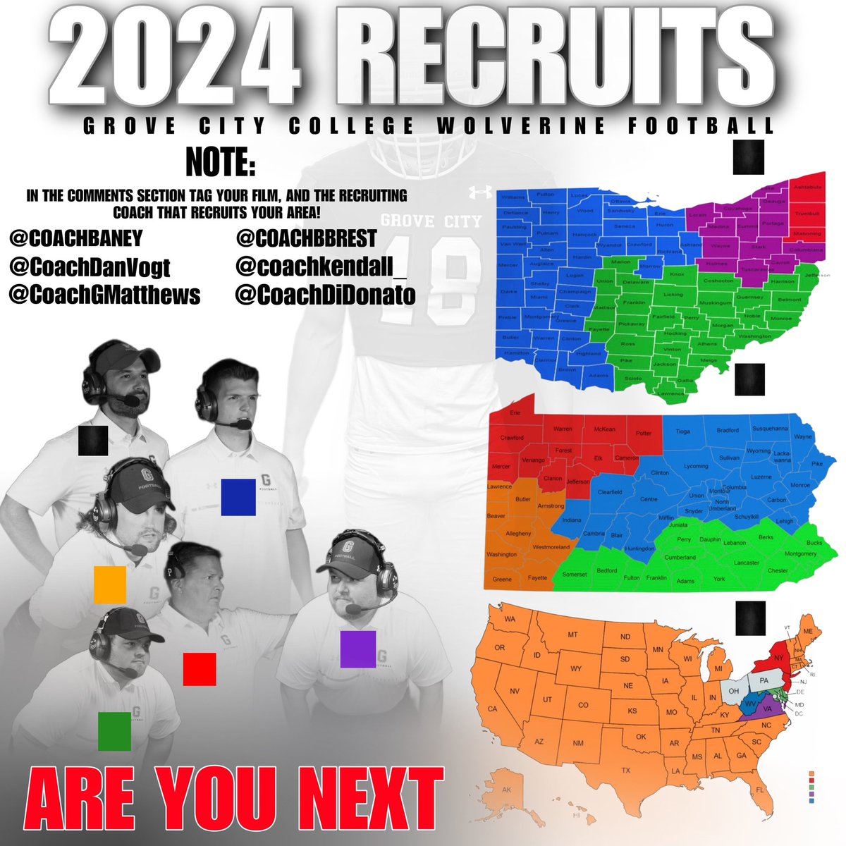 Recruits! Our staff is narrowing down the search. If you haven’t yet, follow your recruiting coach, and tag your film below with that coach in the comments! As always please add the following.

- Film
- GPA
- SAT / ACT

Tag your recruiting coach and let’s build!#BrickByBrickGCC