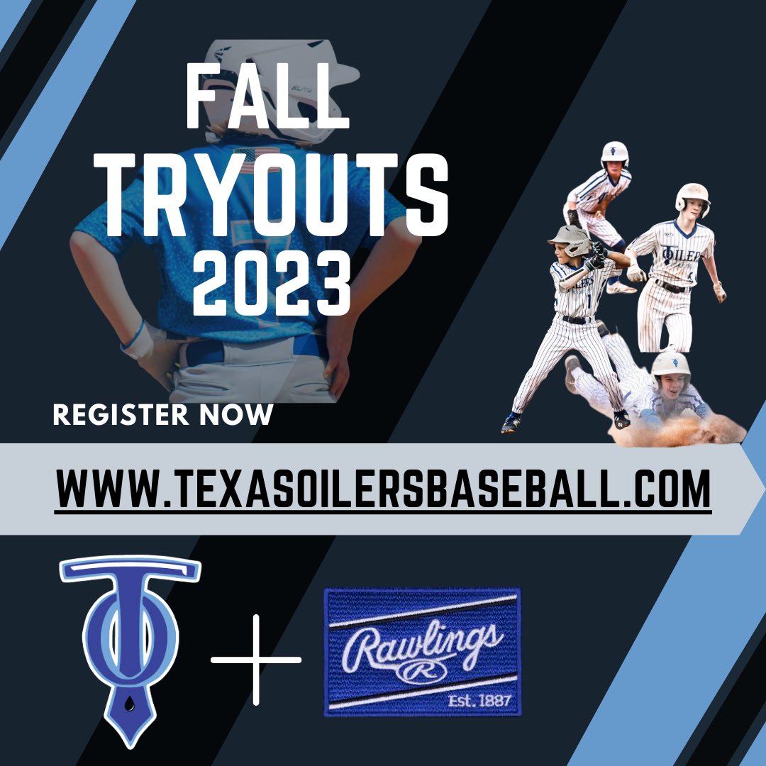 TEXAS_OILERS's tweet photo. 2023 Fall Tryouts are announced for our East & North locations! All registrations are required prior to tryouts. Please visit https://t.co/P4DflyHFXu to register for both locations! #texasoilersbaseball https://t.co/2OCepiZ4Hb