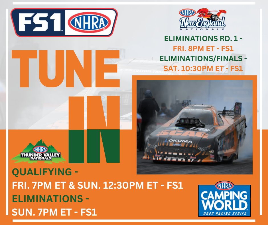 Double the racing this weekend means double the action and double the fun! TUNE IN to catch the postponed #NewEnglandNats eliminations and all the action from the #ThunderValleyNats! 

@TimWilkerson_FC / #NHRAonFOX / @ScagPower / @LRSWebSolutions / @SummitRacing / @BristolDragway