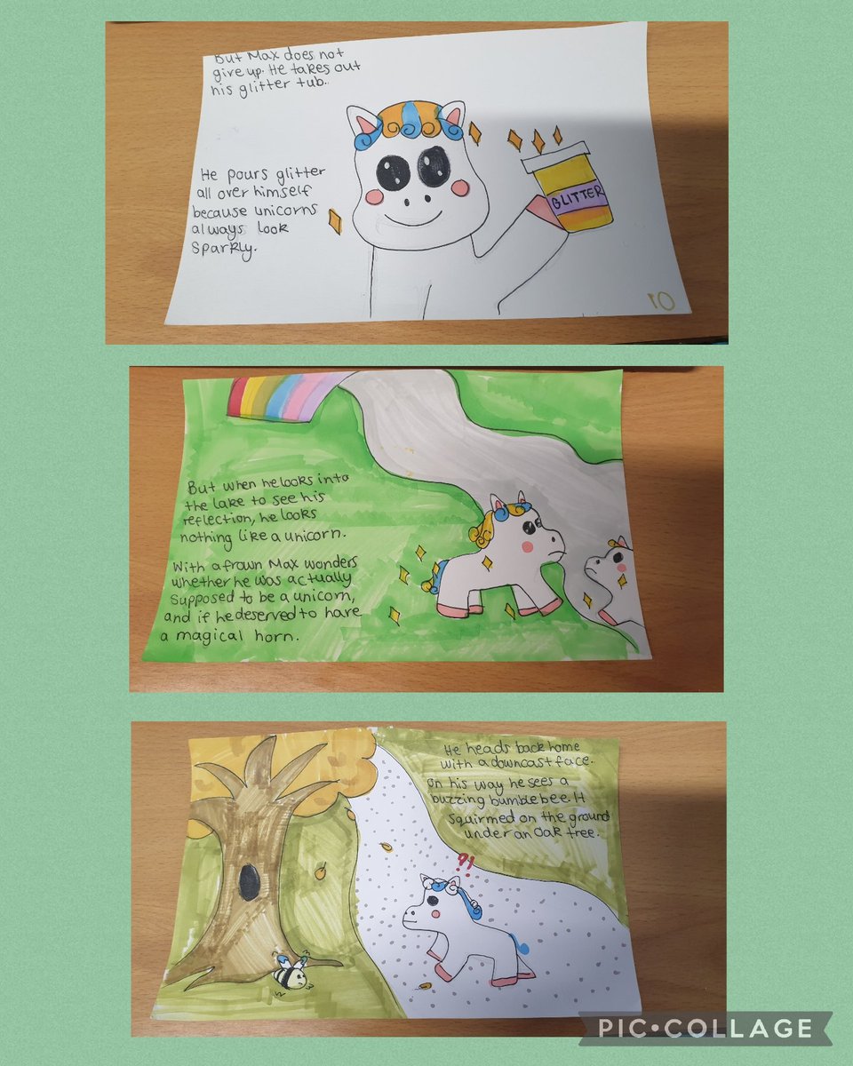 Absolutely blown away by the efforts of this terrific trio for their 🦄 themed story station at @RavenswoodPS. Well done to Alicja, Leah and Georgia who wrote and beautifully illustrated their own original story.  @scottishbktrust @AirdrieAcademy @LibrariesNL @nlcpeople
