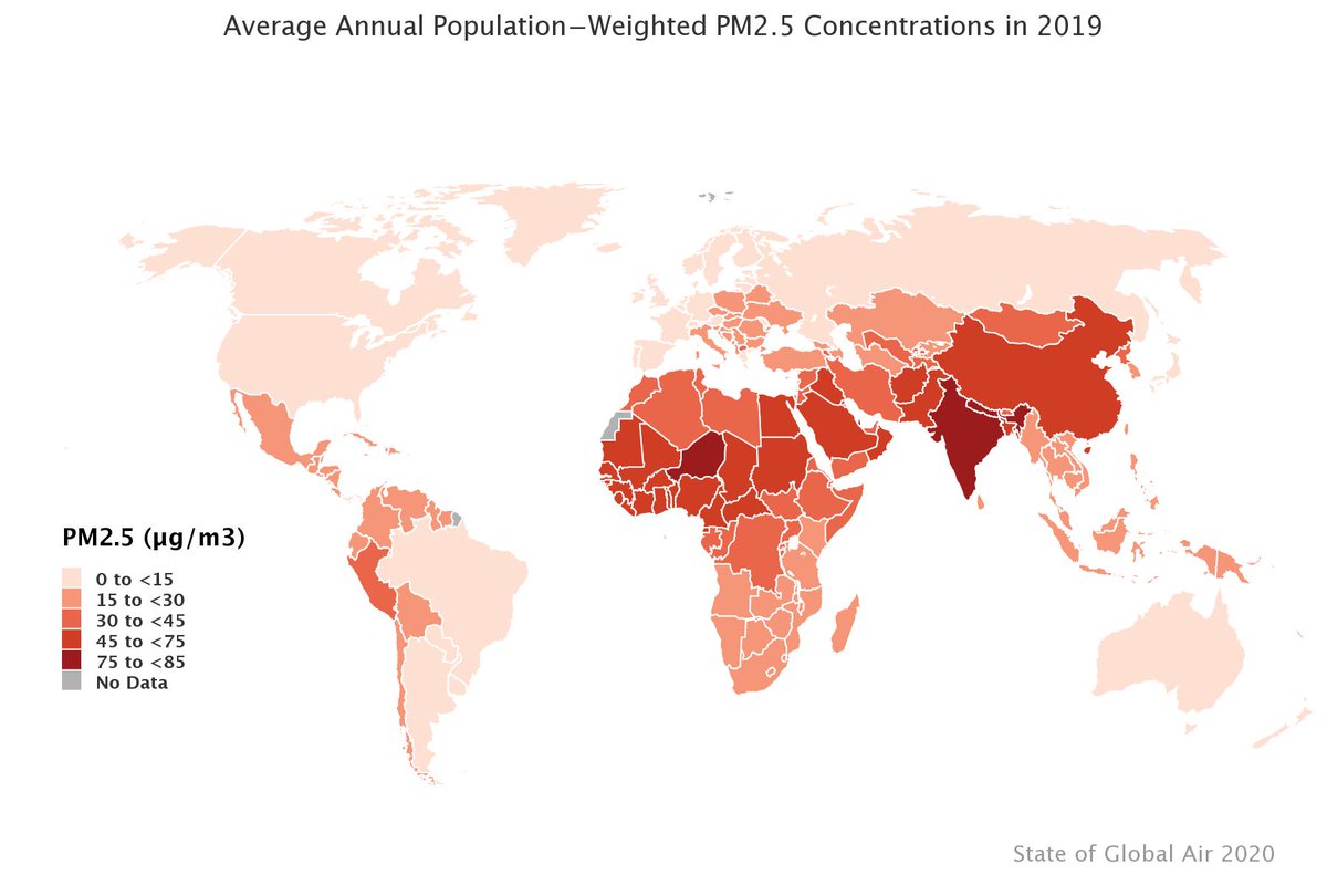 Worth remembering that while these high PM levels during  “wildfire days” are way larger than what we in the US are used to, most of the world’s population experiences much higher levels, all year round: