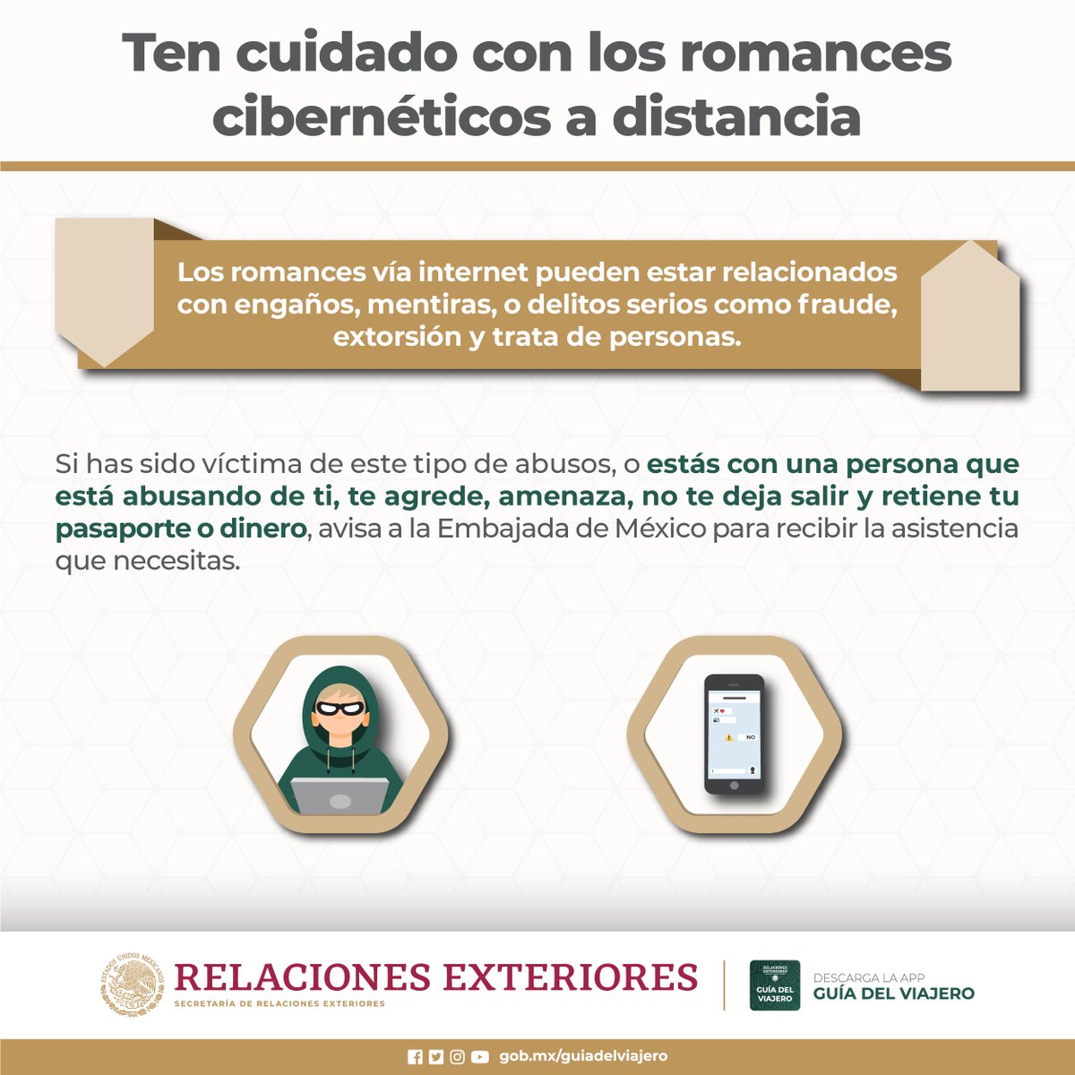EmbaMexPeru's tweet photo. 🚨Ten cuidado con los romances cibernéticos a distancia.
Si necesitas asistencia, comunícate con la Embajada por medio del ☎️de emergencias👇
+51 987 569 404
#ProtecciónConsular #ProtecciónPreventiva #ViajaResponsable #cuidatuinformación #ReduceRiesgos #Infórmate #Asesórate https://t.co/xLjpcKRUWI