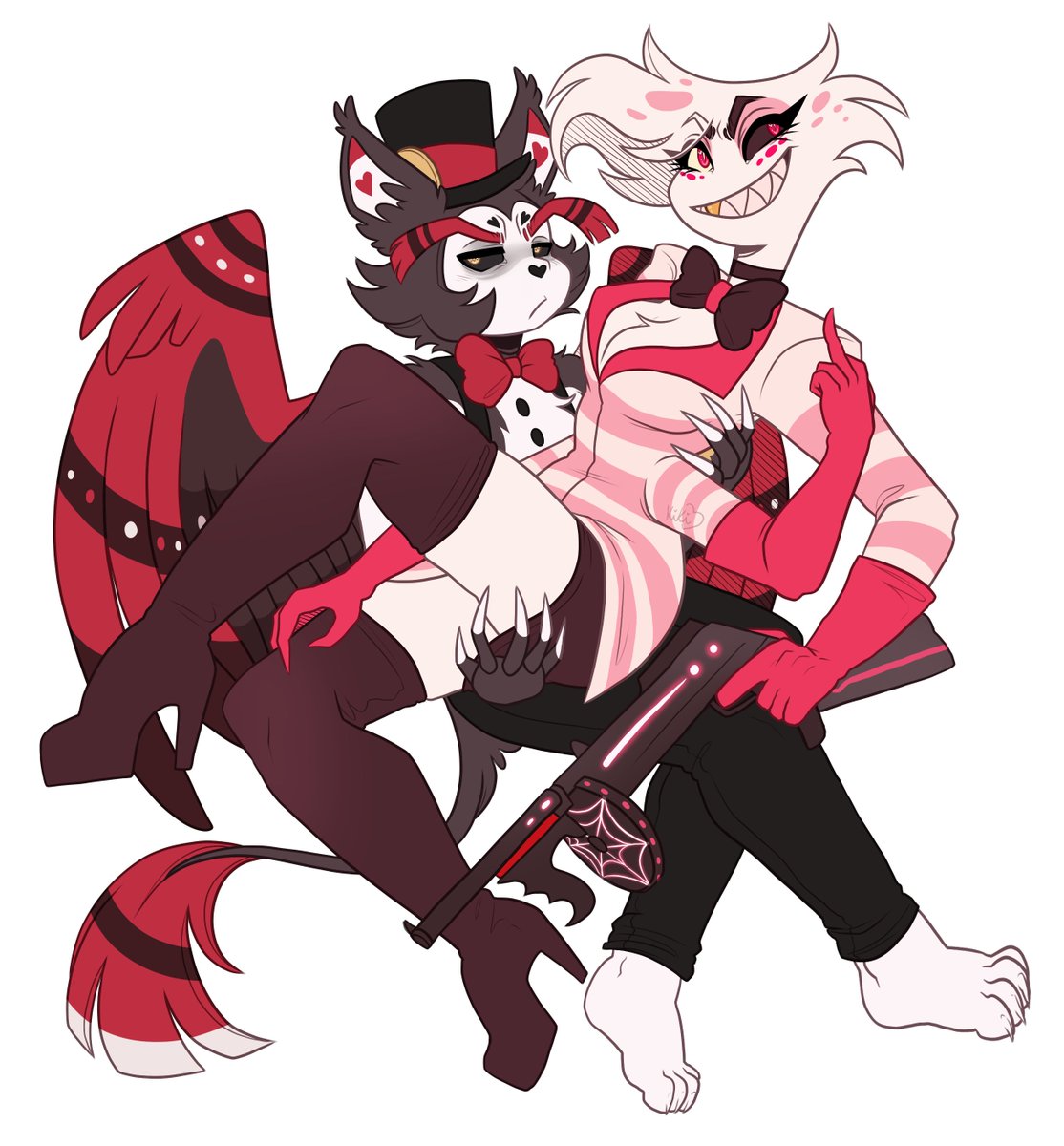 'We'll live like spoiled royalty,
Lovers and partners,
Partners in crime.'
Sett It Off - Partners In Crime

Really felt like drawing those two, Pride month has me inspired!
#hazbinhotel #HazbinHotelAngelDust #angeldust #hazbinhotelhusk #husk #huskerdust #angelhusk