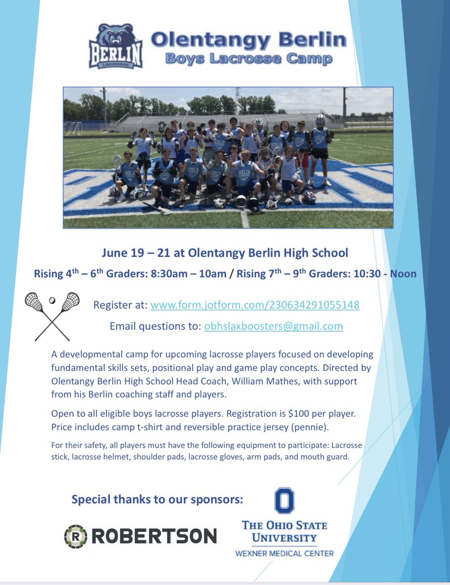 Time is running out to sign up for the Bears Boys Lacrosse Camp!  See below flyer and signup information. This is your chance to interact and learn from your favorite Berlin Bears players and coaches. Don’t miss out!!!

form.jotform.com/230634291055148