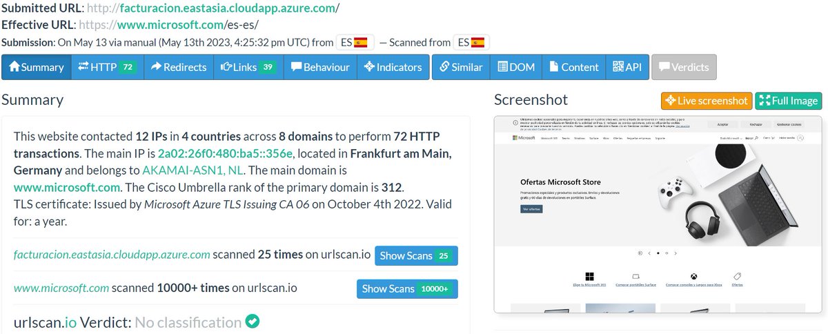 Interestingly, all #Horabot servers, either hosting the first stage PDF in AWS/Azure, or the obfuscated PowerShell scripts, present a 302 redirect to the Microsoft homepage, however, what makes it unique and searchable is the '/?' suffix.