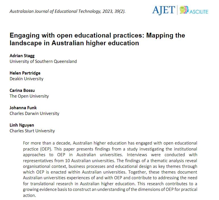 Adrian Stagg (@openkuroko) on Twitter photo New #OER #OEP article is available via AJET
'Engaging with open educational practices: Mapping the landscape in Australian higher education' by <a href="/partridh/">Helen Partridge</a> @carinabossu @johannafunk1 and Linh Nguyen
doi.org/10.14742/ajet.…
<a href="/ascilite/">ASCILITE</a> <a href="/opentextbooks/">Open Textbooks</a> @CAULalert New #OER #OEP article is available via AJET
'Engaging with open educational practices: Mapping the landscape in Australian higher education' by <a href="/partridh/">Helen Partridge</a> @carinabossu @johannafunk1 and Linh Nguyen
doi.org/10.14742/ajet.…
<a href="/ascilite/">ASCILITE</a> <a href="/opentextbooks/">Open Textbooks</a> @CAULalert