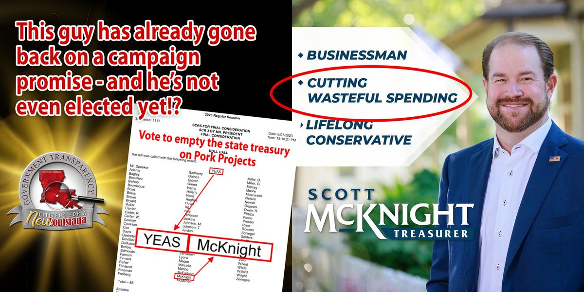 .@mcknight4la is running for Louisiana State Treasurer with the promise that he'll 'cut wasteful spending.' There are two problems with that. Number one, the Treasurer does not control spending; the legislature does. Number two, he's currently in the legislature and has ALREADY