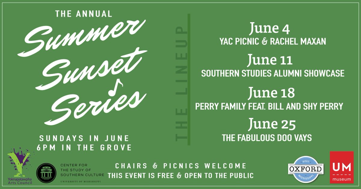 Southern Studies will host an Alumni Showcase on Sunday, June 11th as part of The Annual Summer Sunset Series! This event is free and open to the public, bring a picnic and a grove chair.