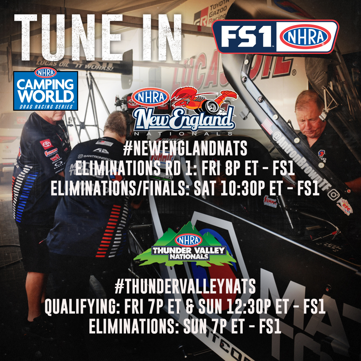 You're not going to want to miss this weekend's action! 2 chances to win means double the fun. TUNE IN with #NHRAonFOX!

@matcotools / @ToyotaRacing / @Hangsterfers / @SIRIUSXM / @SummitRacing / @FVPparts