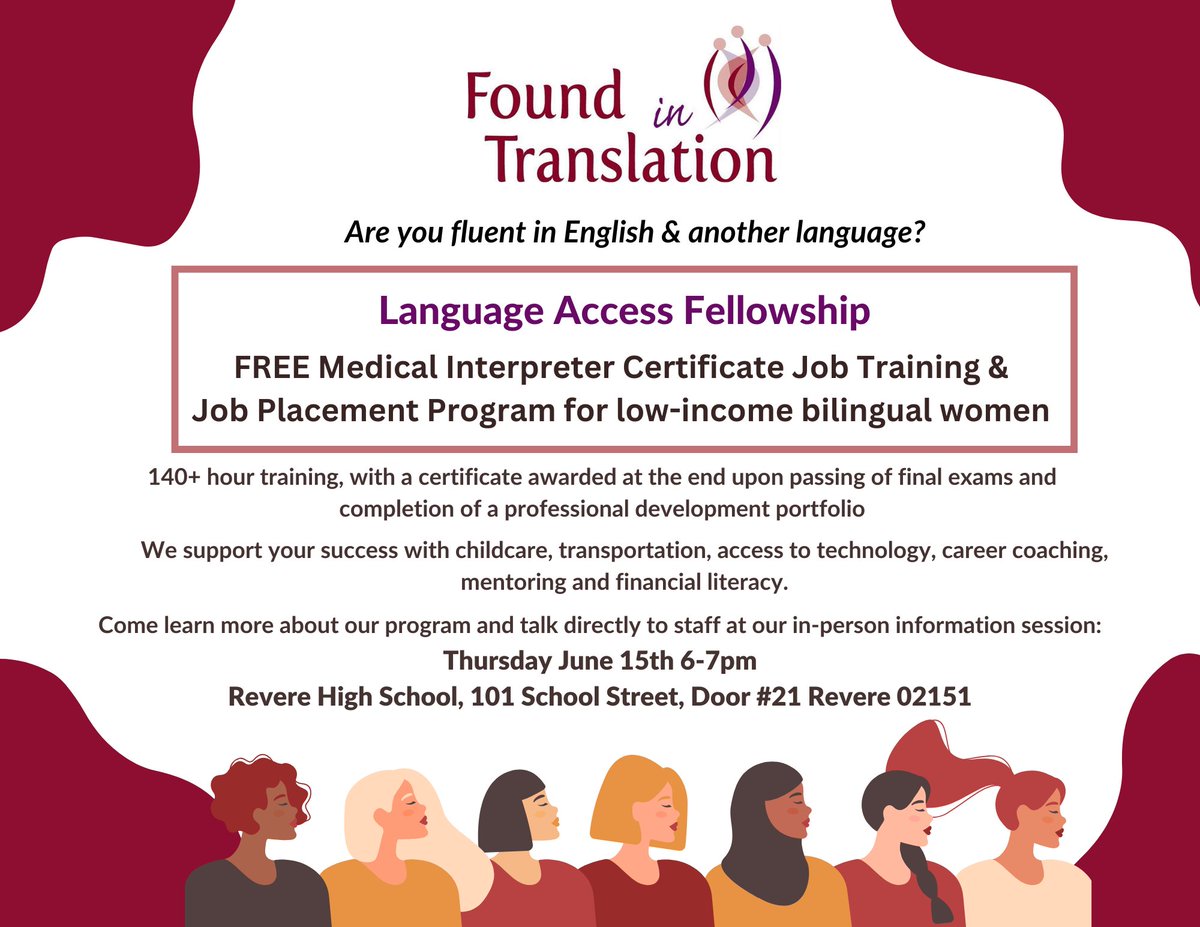 RevereCommSch's tweet photo. Join our information session on Thursday, June 15 at 6 pm, Revere High School, to learn about FREE interpreter training program. https://t.co/hm5yPInOuf