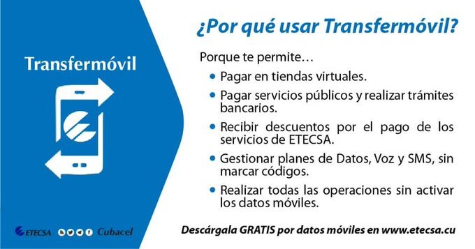 #Transfermóvil es una de las plataformas de #ComercioElectrónico 📲💳 más usadas en #Cuba 🇨🇺
Cuenta con ➕️ de 4️⃣ millones de usuarios activos, contribuyendo a la mejora de la calidad de vida de los cubanos.
#EtecsaTeAcompaña  💙💯
#CubaPorLaTransformaciónDigital
