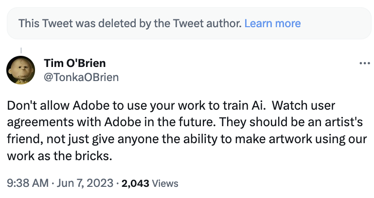 Oh well, Adobe asked for advice for new artists starting out, and I took time out of my day to offer advice.  Adobe did not like the advice.