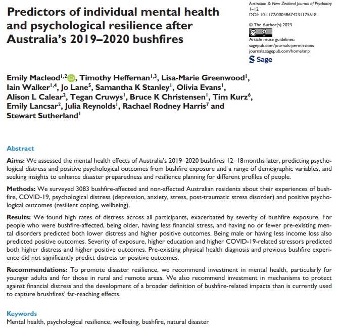 New <a href="/BushfireStudy/">ANU Bushfire Health and Wellbeing Study</a> paper out this week: "Predictors of individual mental health &amp; psychological #resilience after Australia’s 2019–2020 #bushfires" <a href="/RANZCP_ANZJP/">Australian and New Zealand Journal of Psychiatry</a> journals.sagepub.com/doi/pdf/10.117…