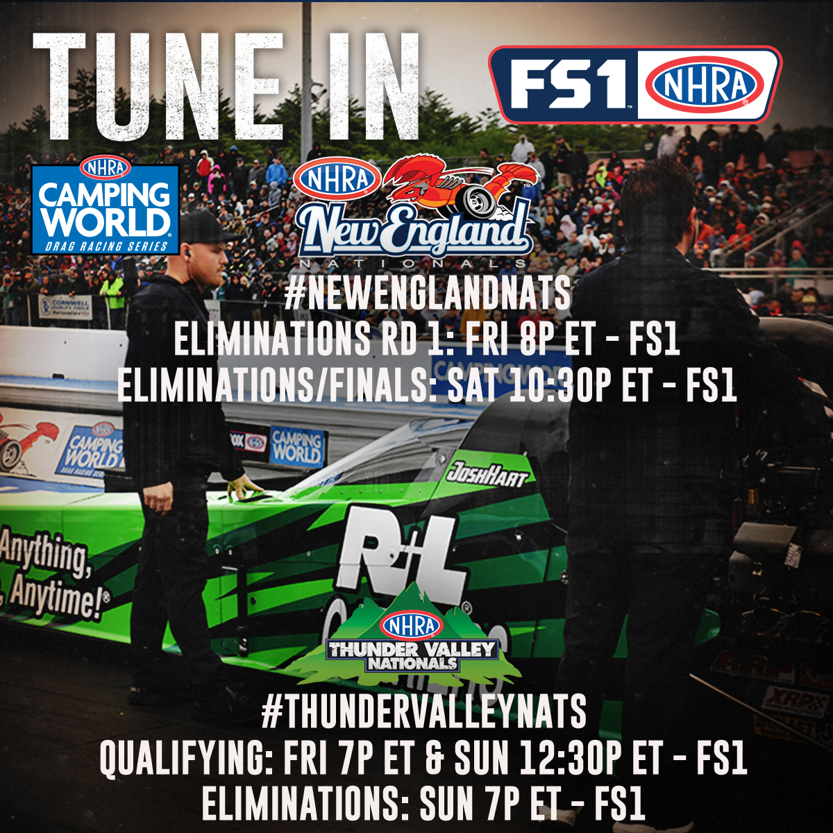 My team has a major opportunity to win two events in one weekend, and it sure is going to be exciting. Don't miss it, TUNE IN!

@RLCarriers / @TECHNETpros / @burnyzz / #ThunderValleyNats / #NHRAonFOX